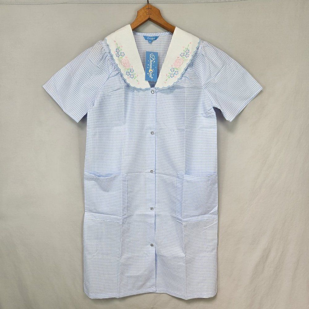 Dream Crest Women's Housecoat Seersucker Sz.S Embroidered Blue Gingham NWT
